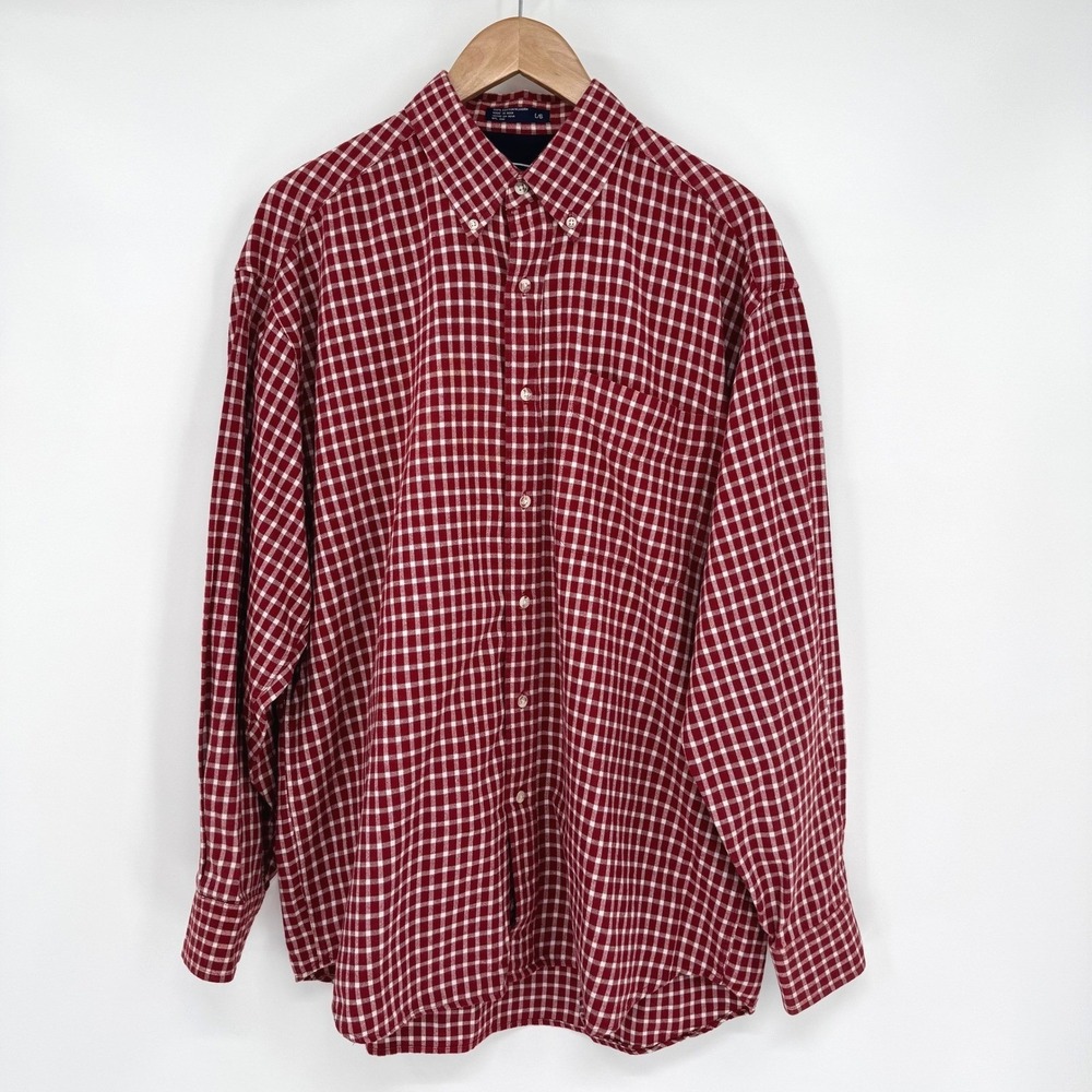 Haggar Classic Red Checkered Plaid Cotton Long Sleeve Button Down Men's Shirt L‎